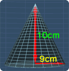 cone with height 10cm and base radius 9cm