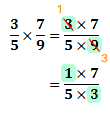 Simplifying gives (1 x 7)/(5 x 3)