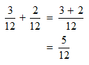 adding fractions, 3/12 + 2/12